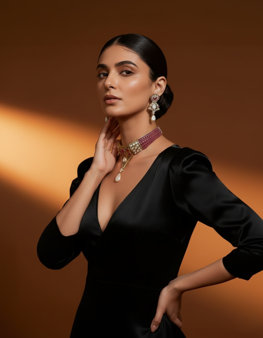 Traditional Indian Necklace Set With Rubby Gem Stone