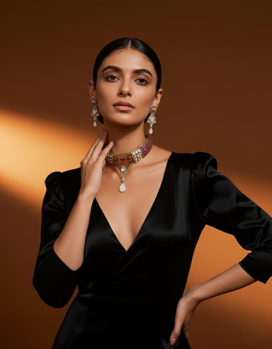 Traditional Indian Necklace Set With Rubby Gem Stone