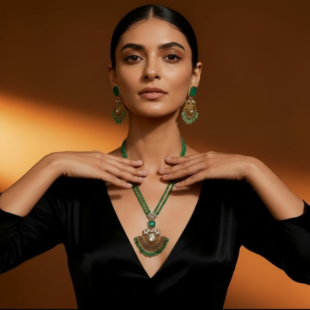 Traditional Indian Emereld Pendent Set