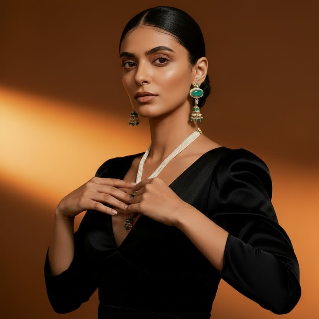 Classic Pearl Pendent Set With Emereld Stone