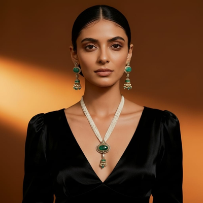 Classic Pearl Pendent Set With Emereld Stone