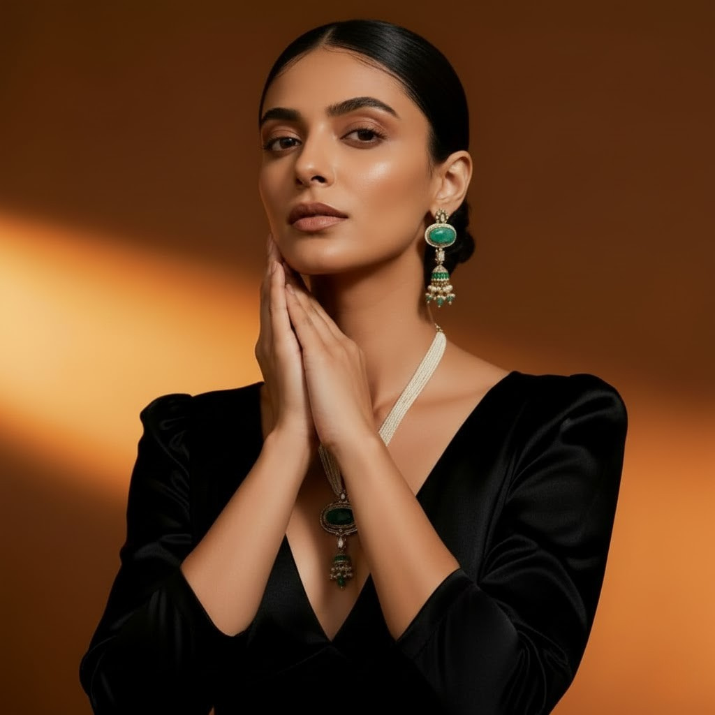 Classic Pearl Pendent Set With Emereld Stone