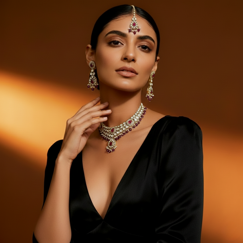 Rubby & Mosonite Chokar Necklace Set