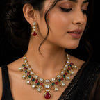 Gold-Tone Kundan Necklace & Drop Earrings Set with Ruby Red & Emerald Green Stones