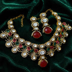 Gold-Tone Kundan Necklace & Drop Earrings Set with Ruby Red & Emerald Green Stones