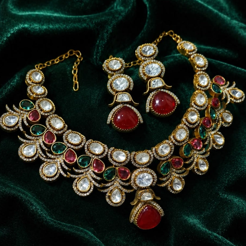 Gold-Tone Kundan Necklace & Drop Earrings Set with Ruby Red & Emerald Green Stones