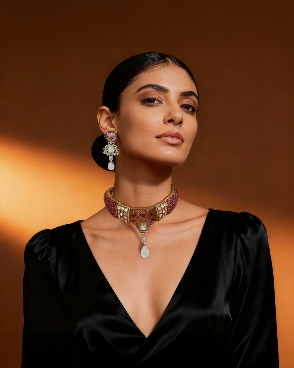 Traditional Indian Necklace Set With Rubby Gem Stone