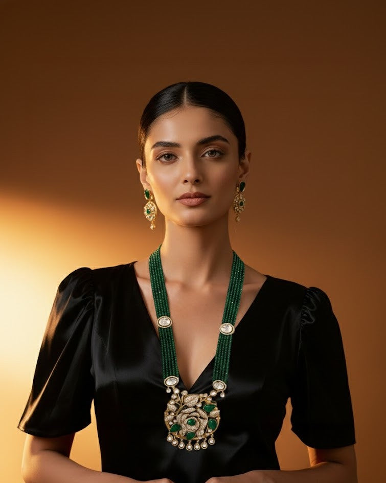 Nature Inspired Long & Large Rose Motif Emereld Pendent Set