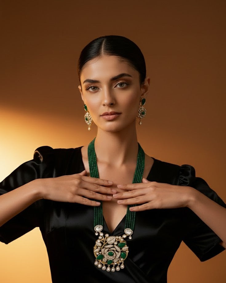 Nature Inspired Long & Large Rose Motif Emereld Pendent Set